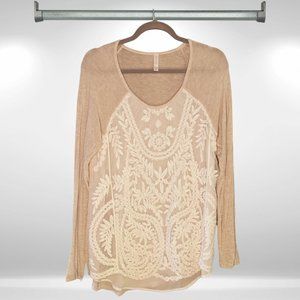 Xhilaration Beige Long Sleeved Top w/ Ivory Lace & Chiffon Embroidered Overlay